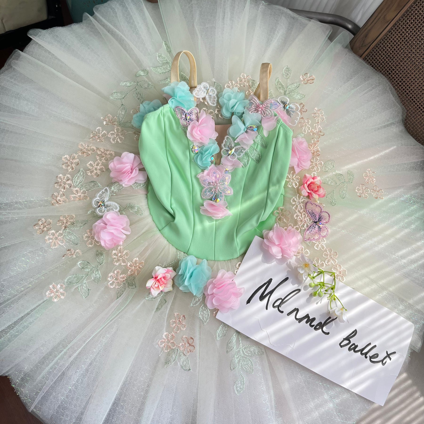 Pastel Green Ballet Tutu with 3D Floral Appliqué and Butterfly Embellishments - MDT1027