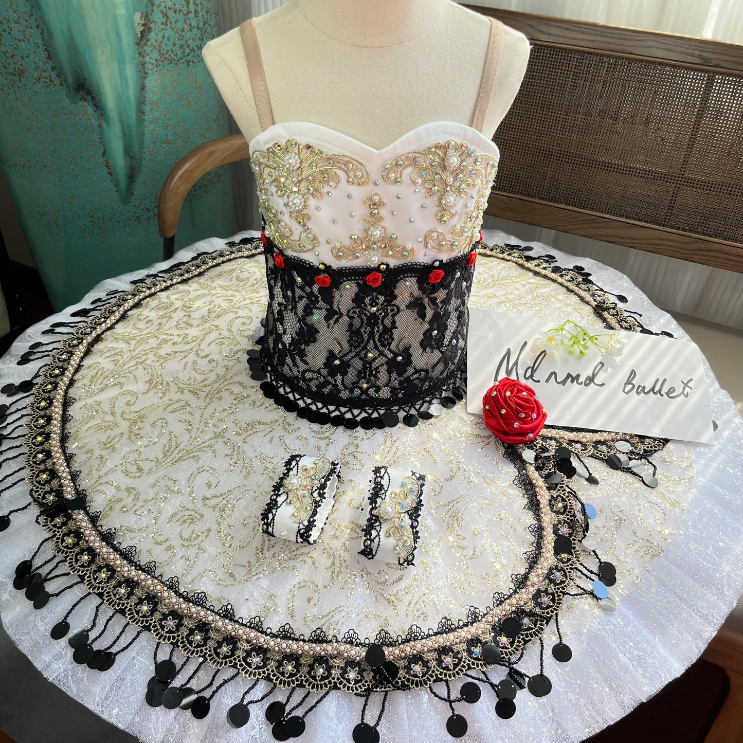 SpanishInspired Black & Gold Ballet Tutu with Red Rosette Accents - MDT0270