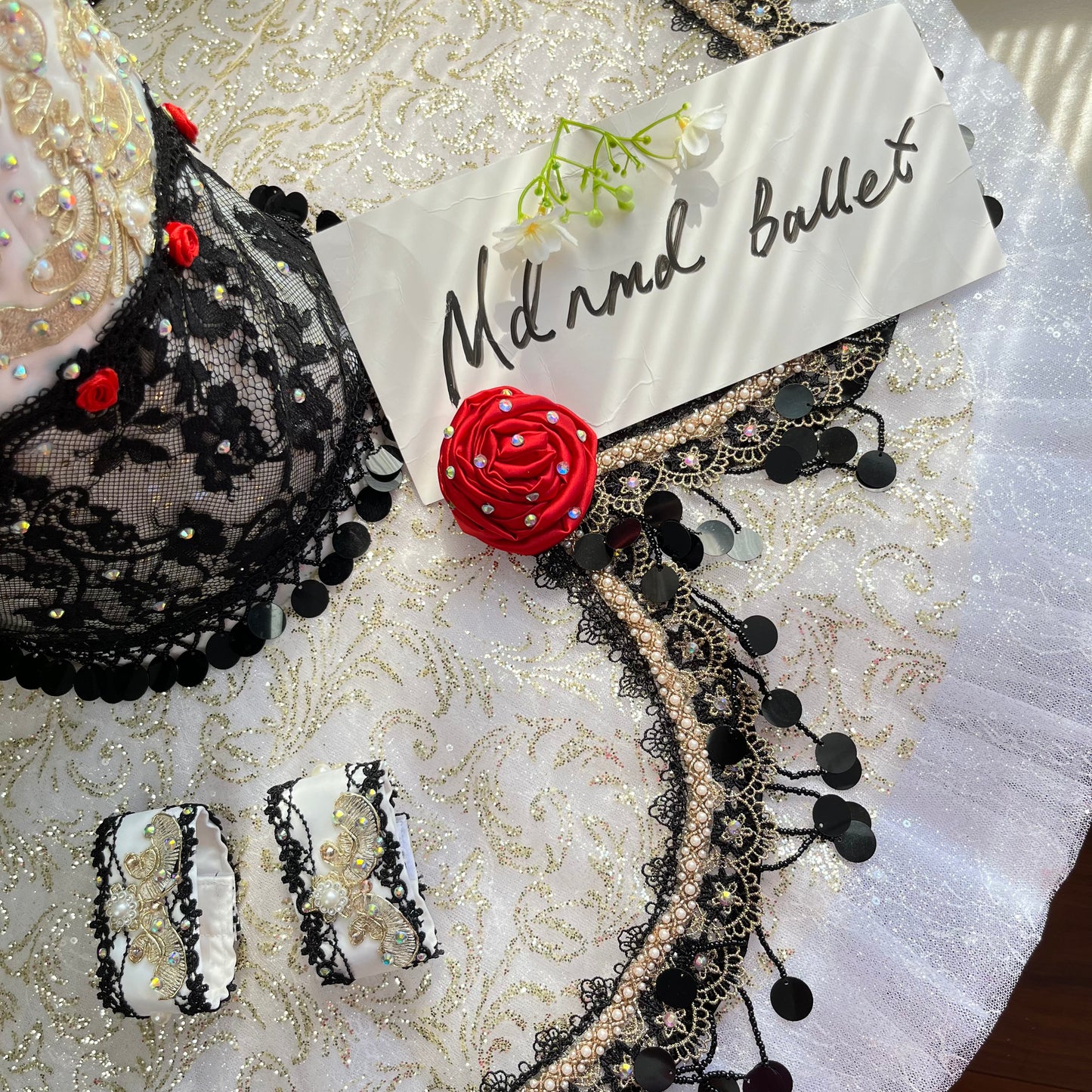 SpanishInspired Black & Gold Ballet Tutu with Red Rosette Accents - MDT0270