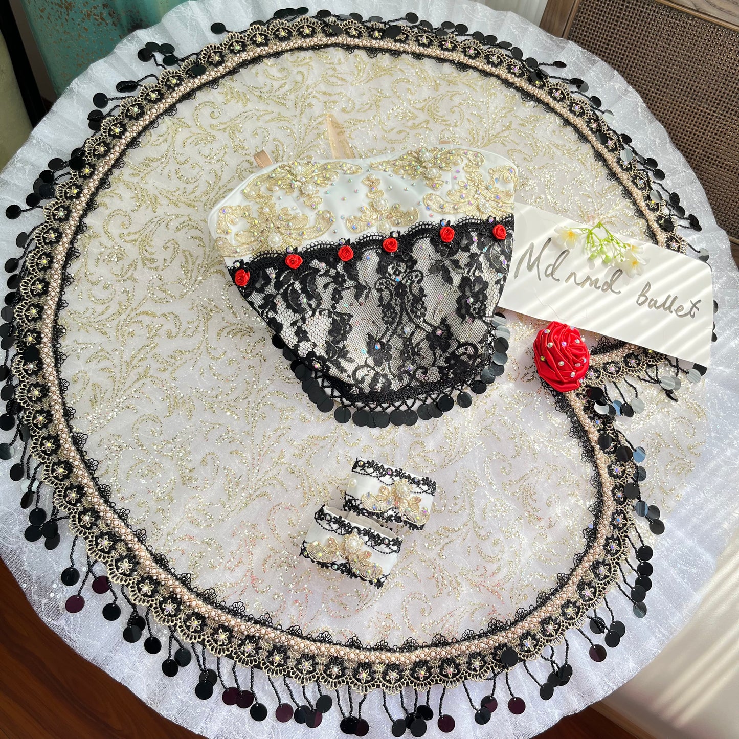 SpanishInspired Black & Gold Ballet Tutu with Red Rosette Accents - MDT0270