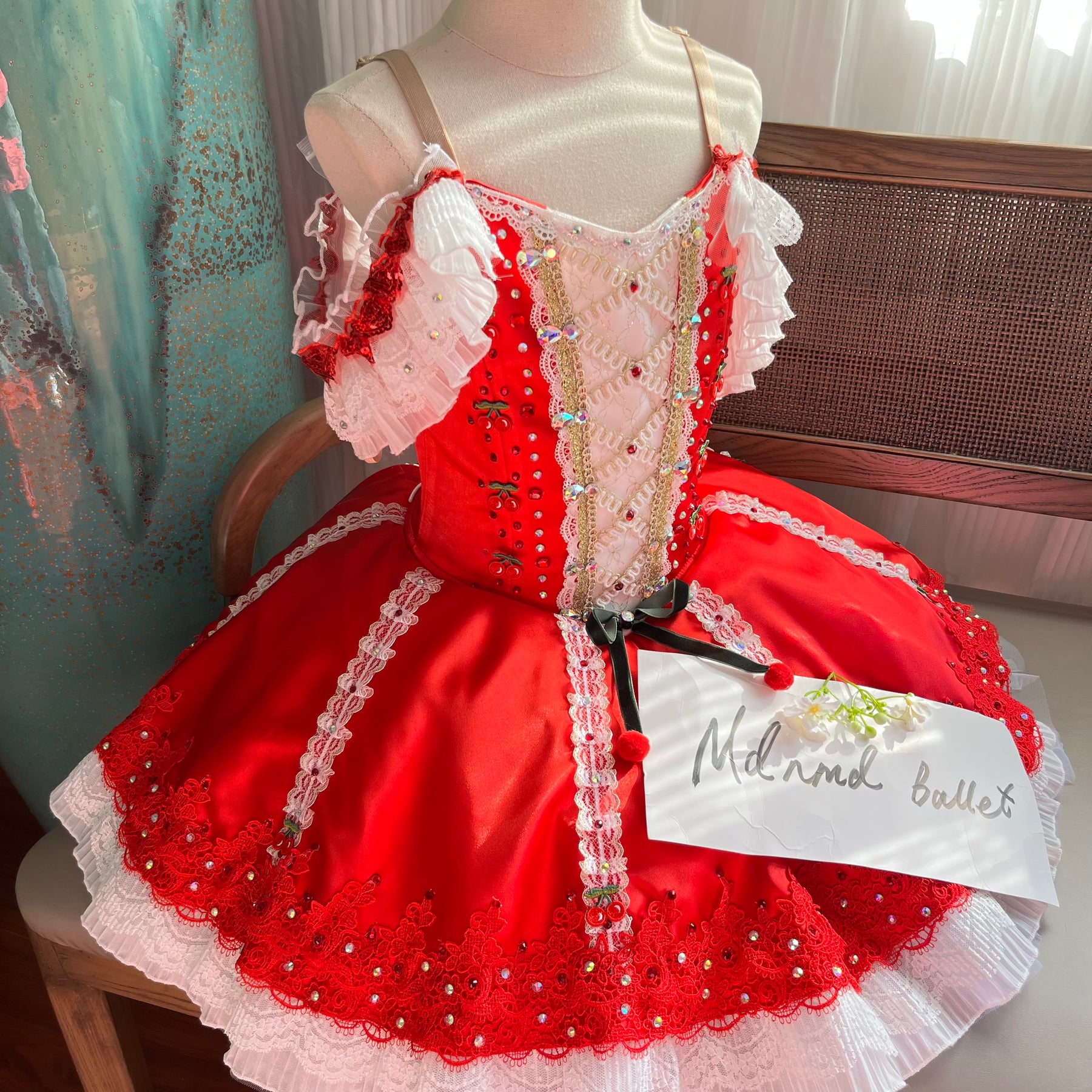 Red Lace Ballet Tutu with Intricate Beading and Custom Fit - MDC0618