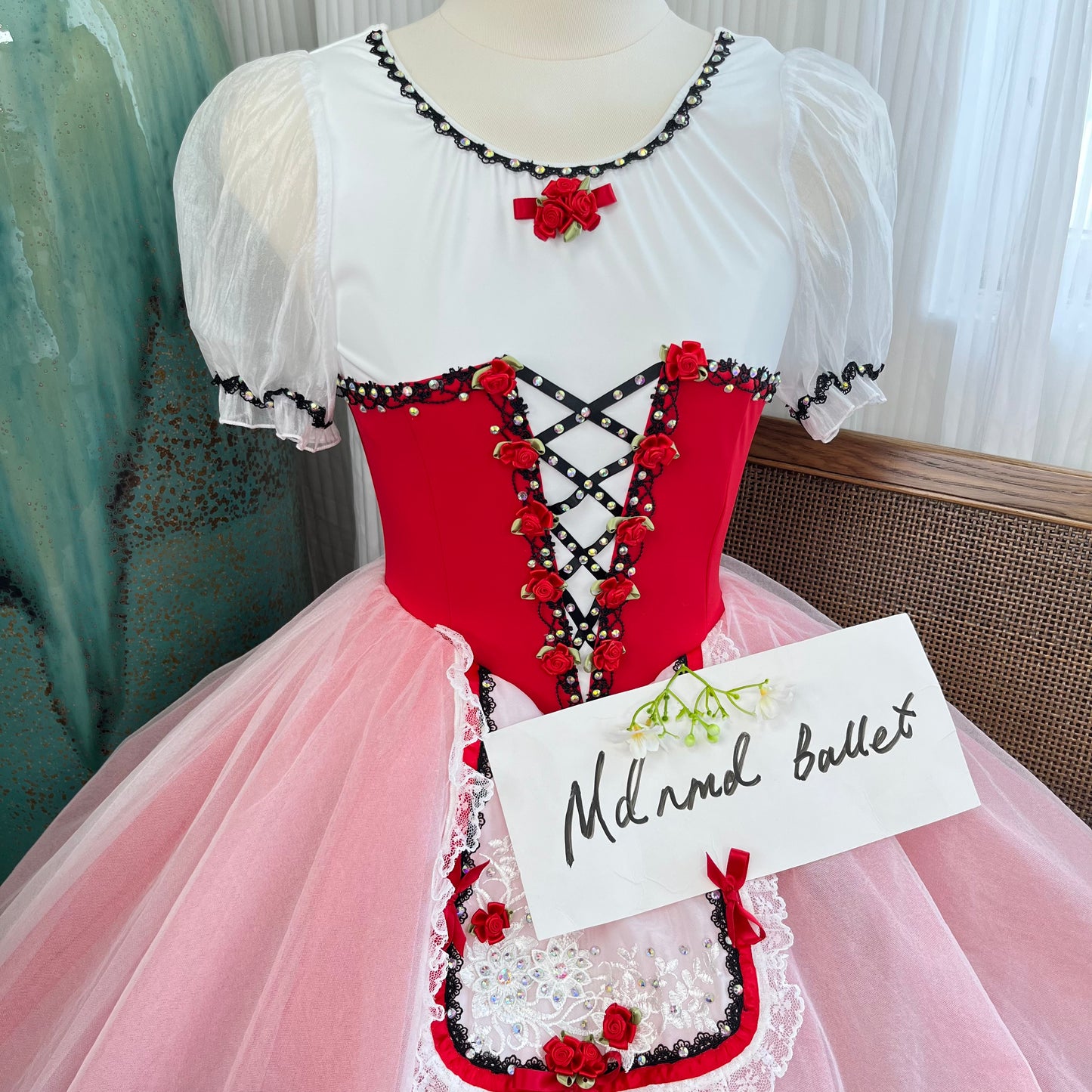 Red Ballet Dress with Lace Detailing and Floral Embellishments - MDC0133