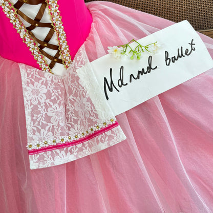 Elegant Pink Ballet Costume with Lace Detail and Full Tulle Skirt - MDC0145