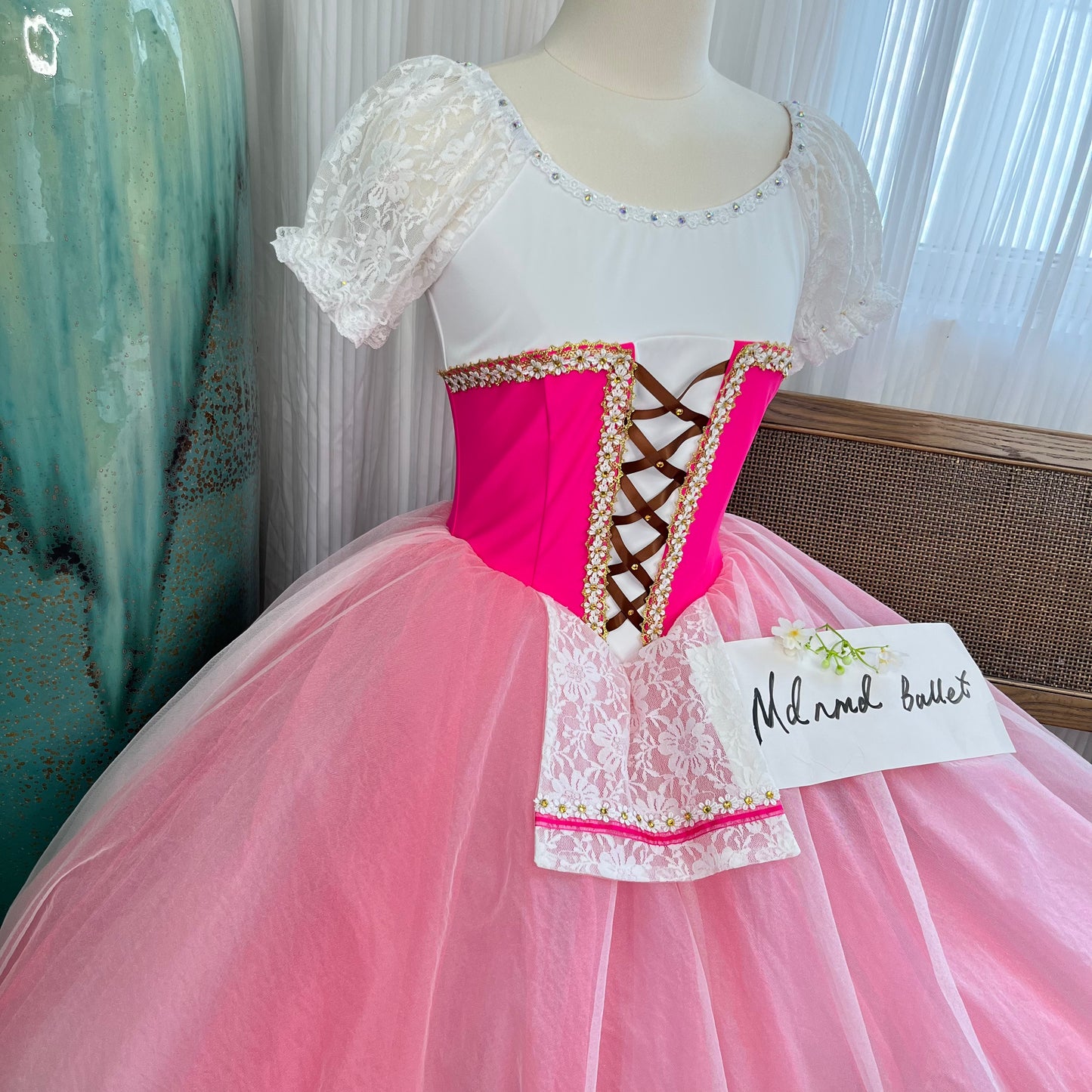 Elegant Pink Ballet Costume with Lace Detail and Full Tulle Skirt - MDC0145