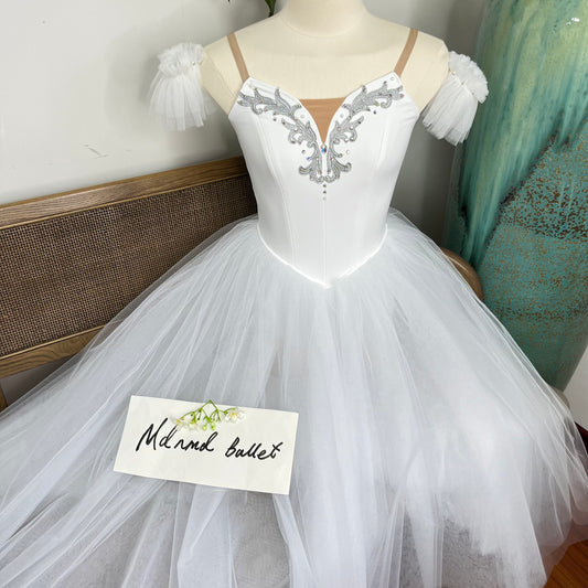 Elegant White Ballet Gown - Off - Shoulder with Silver Embellishments-MDC0180