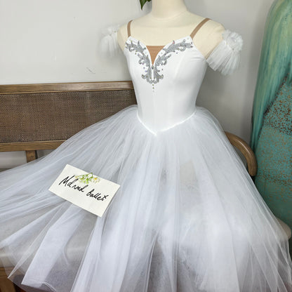 Elegant White Ballet Gown - Off - Shoulder with Silver Embellishments-MDC0180