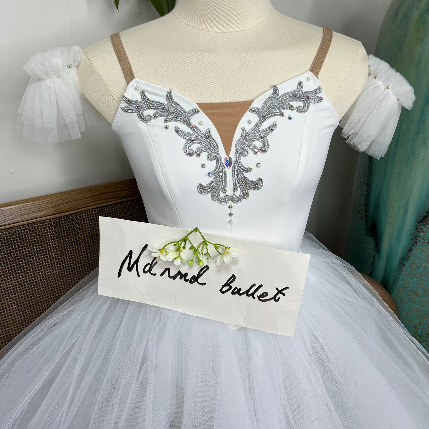 Elegant White Ballet Gown - Off - Shoulder with Silver Embellishments-MDC0180