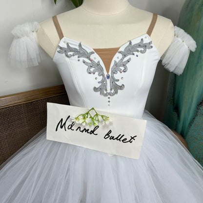 Elegant White Ballet Gown - Off - Shoulder with Silver Embellishments-MDC0180
