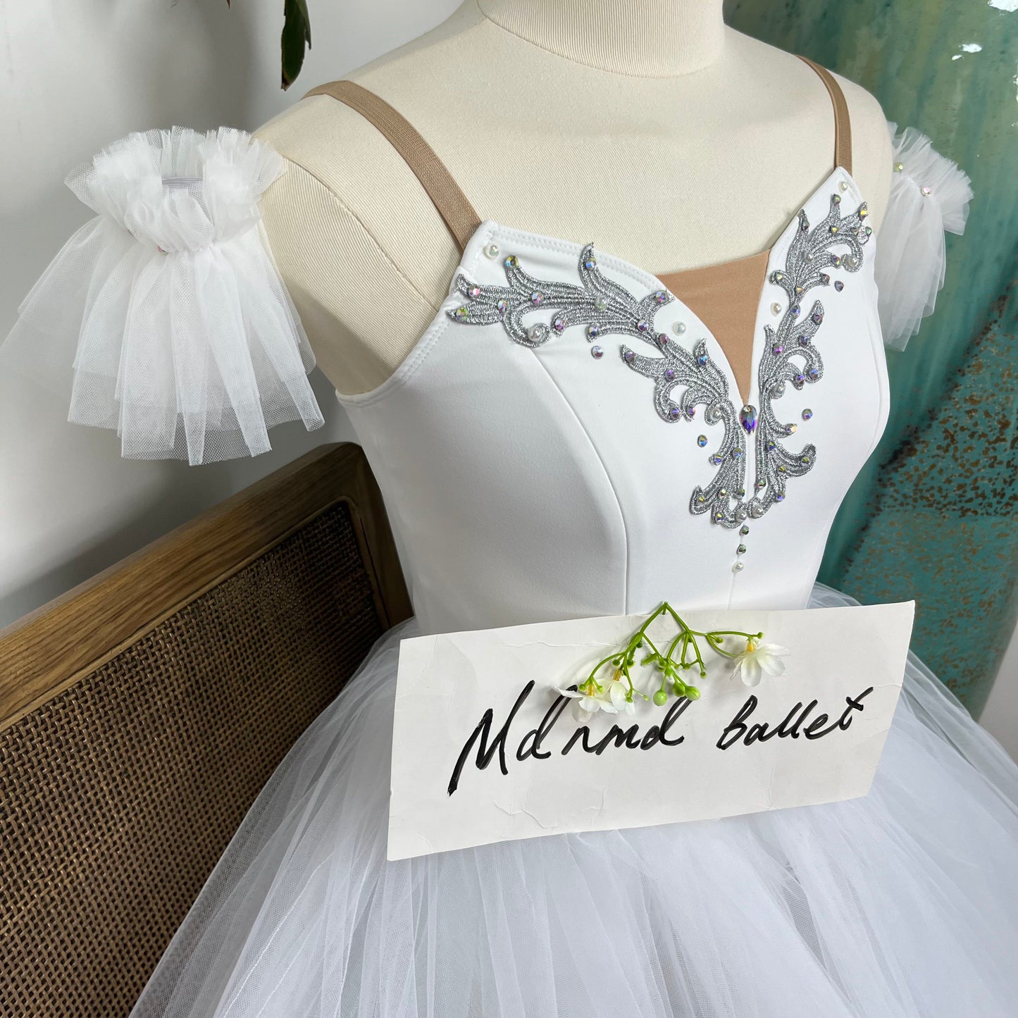 Elegant White Ballet Gown - Off - Shoulder with Silver Embellishments-MDC0180