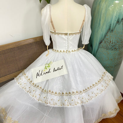 Dawn Goddess White Long Ballet Dress with Gold Lace Embroidery - Professional Ballerina Performance Costume-MDC0488