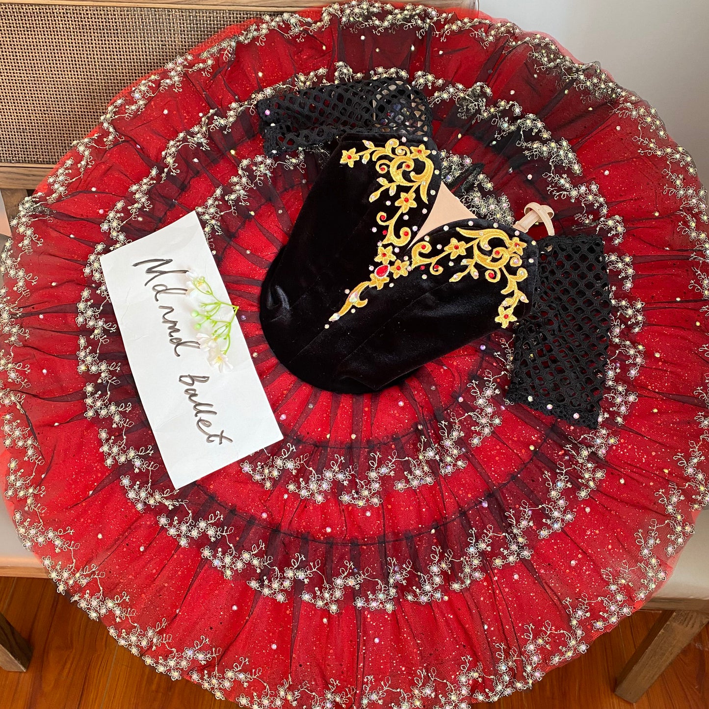 Stunning Handmade Red Ballet Tutu - Velvet Bodice with Gold Embroidery-MDT0754