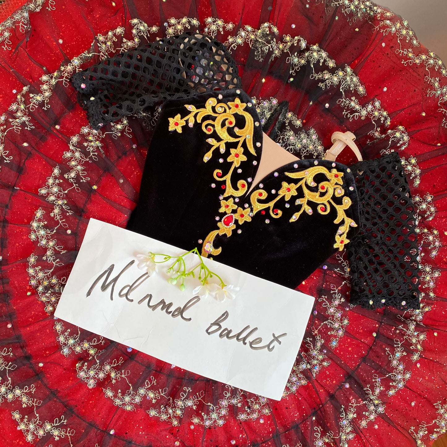 Stunning Handmade Red Ballet Tutu - Velvet Bodice with Gold Embroidery-MDT0754