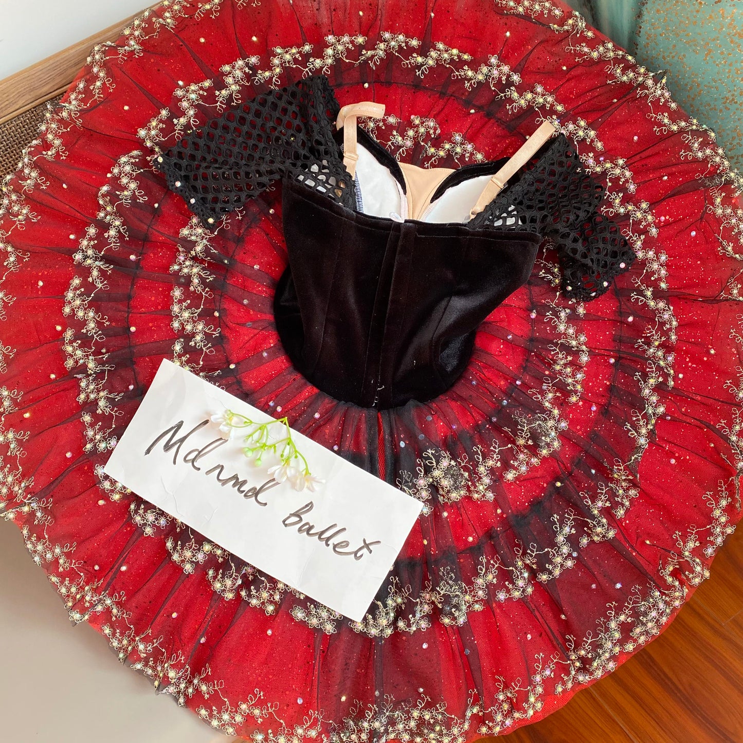 Stunning Handmade Red Ballet Tutu - Velvet Bodice with Gold Embroidery-MDT0754
