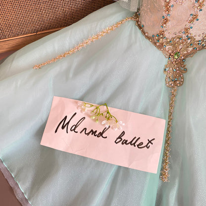 Light Green Romantic Ballet Maxi Dress with Golden Lace & Green Rhinestones - Suitable for Girls and Adults-MDC0817