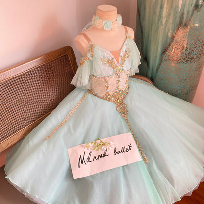 Light Green Romantic Ballet Maxi Dress with Golden Lace & Green Rhinestones - Suitable for Girls and Adults-MDC0817