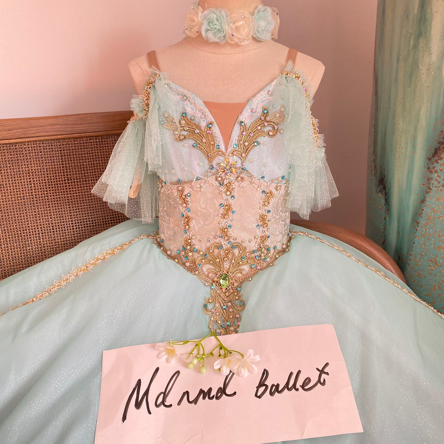 Light Green Romantic Ballet Maxi Dress with Golden Lace & Green Rhinestones - Suitable for Girls and Adults-MDC0817