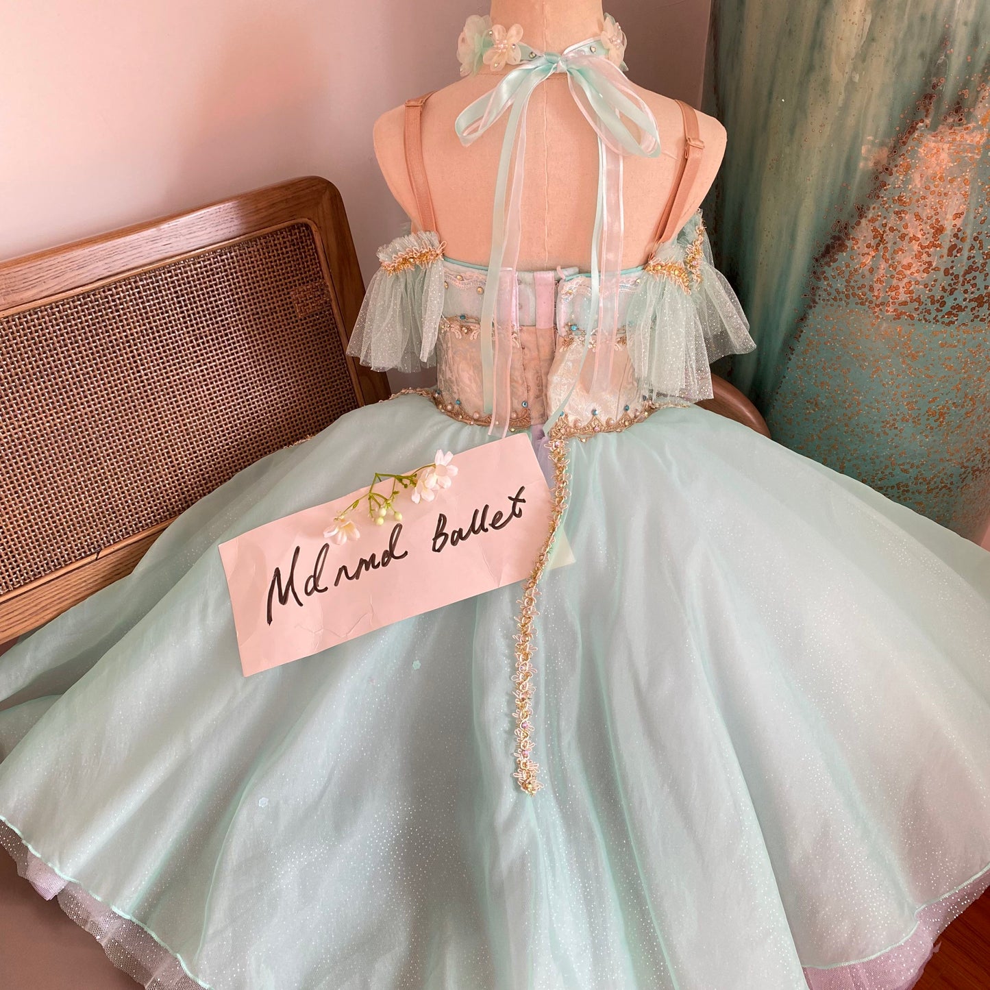 Light Green Romantic Ballet Maxi Dress with Golden Lace & Green Rhinestones - Suitable for Girls and Adults-MDC0817