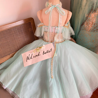 Light Green Romantic Ballet Maxi Dress with Golden Lace & Green Rhinestones - Suitable for Girls and Adults-MDC0817