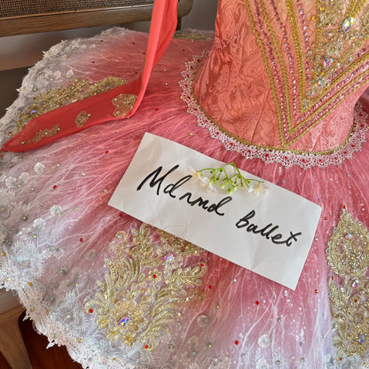 Long-Sleeve Professional Red Ombre Ballet Performance Dress with Gold Embellishments & Lace Trim - Perfect for Ballet Competitions-MDT1149
