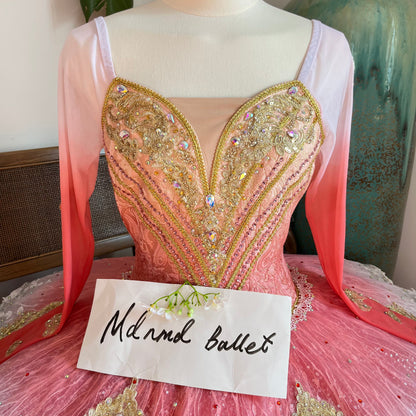 Long-Sleeve Professional Red Ombre Ballet Performance Dress with Gold Embellishments & Lace Trim - Perfect for Ballet Competitions-MDT1149