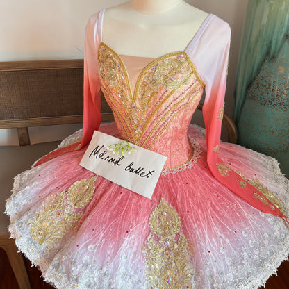 Long-Sleeve Professional Red Ombre Ballet Performance Dress with Gold Embellishments & Lace Trim - Perfect for Ballet Competitions-MDT1149