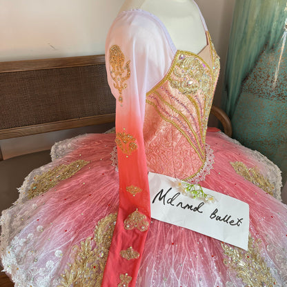 Long-Sleeve Professional Red Ombre Ballet Performance Dress with Gold Embellishments & Lace Trim - Perfect for Ballet Competitions-MDT1149