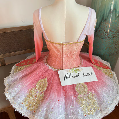 Long-Sleeve Professional Red Ombre Ballet Performance Dress with Gold Embellishments & Lace Trim - Perfect for Ballet Competitions-MDT1149