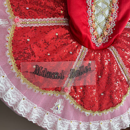 Professional Red Playful & Sparkling Ballet Dress with Lace & Rhinestones-MDT0939