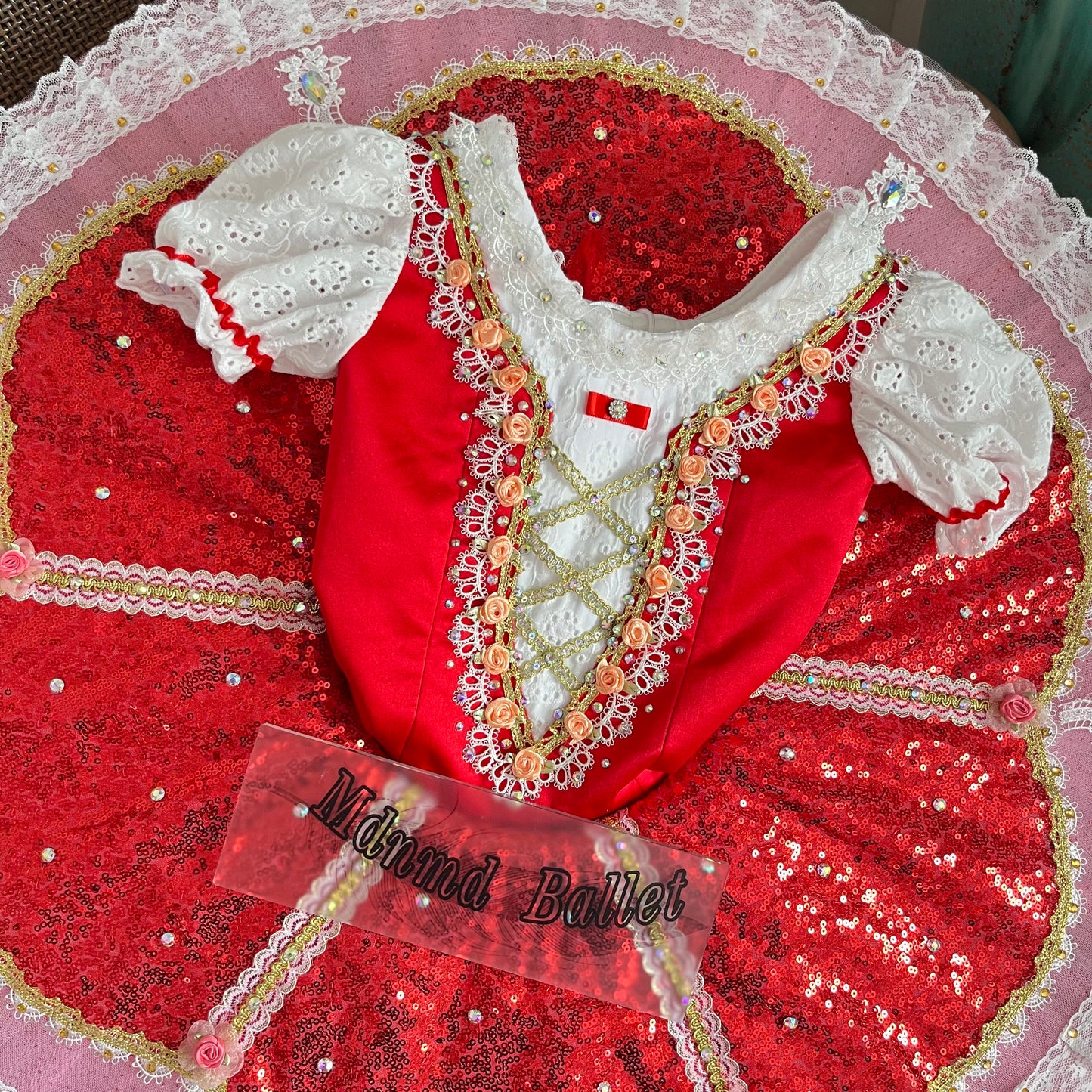 Professional Red Playful & Sparkling Ballet Dress with Lace & Rhinestones-MDT0939