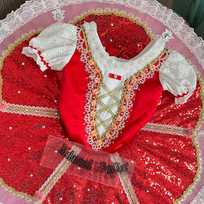 Professional Red Playful & Sparkling Ballet Dress with Lace & Rhinestones-MDT0939