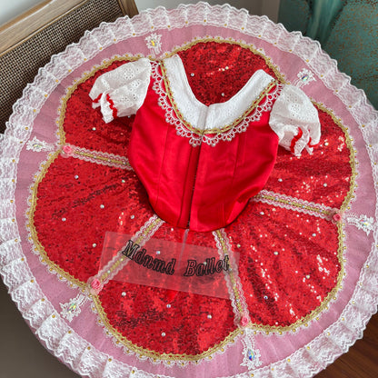 Professional Red Playful & Sparkling Ballet Dress with Lace & Rhinestones-MDT0939