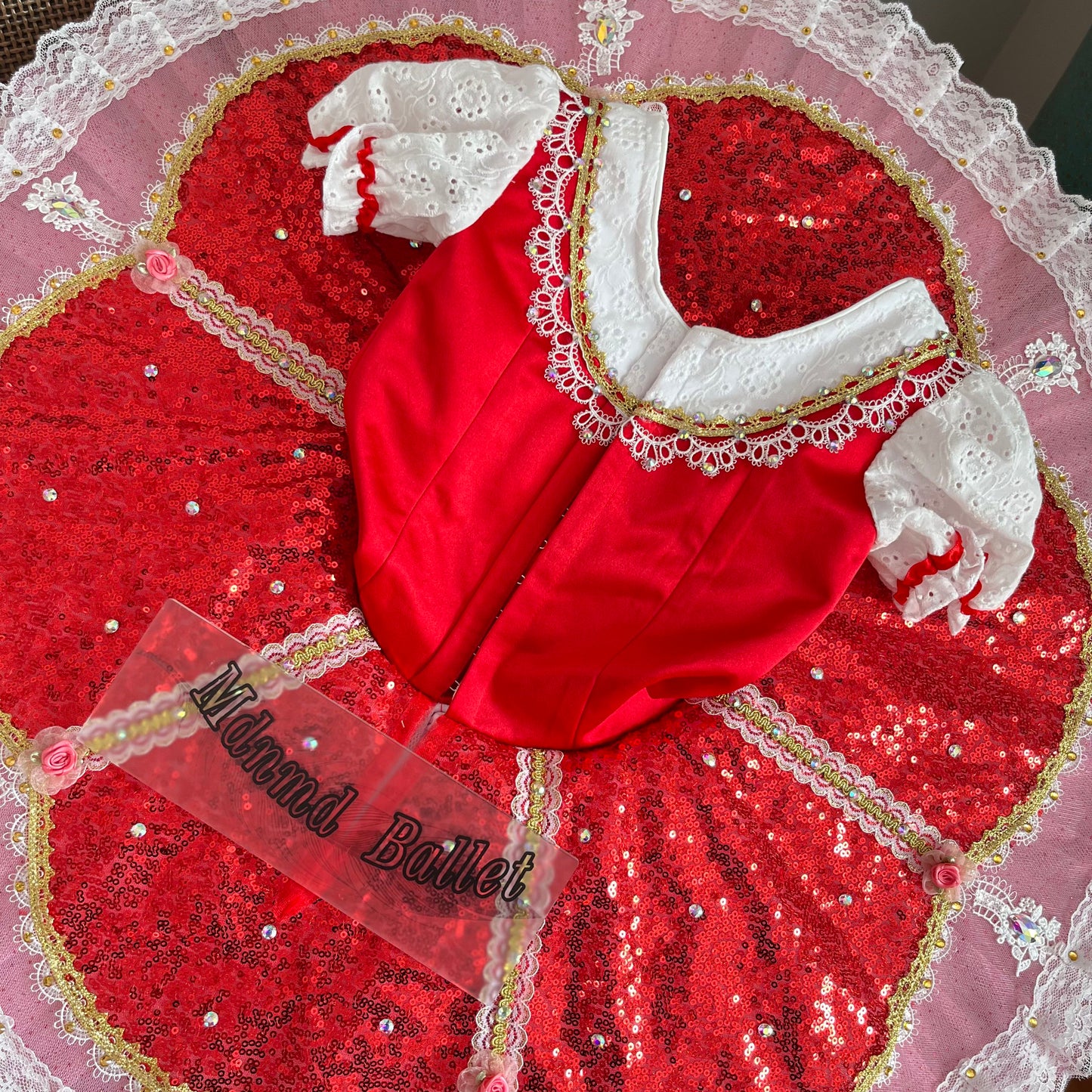 Professional Red Playful & Sparkling Ballet Dress with Lace & Rhinestones-MDT0939
