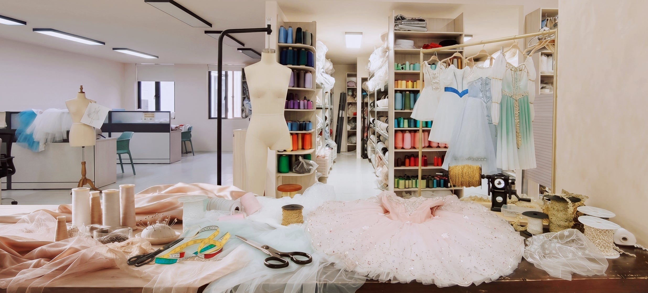 Interior of a fashion design studio with mannequins, fabric, and design tools.