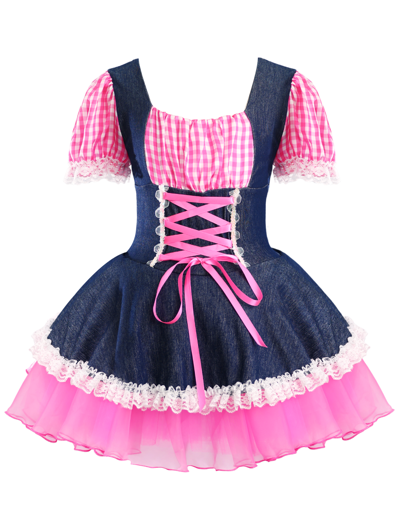 Girls Denim Pink Gingham Puff Sleeve Lace Up Tutu Dress Costume