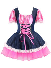 Girls Denim Pink Gingham Puff Sleeve Lace Up Tutu Dress Costume