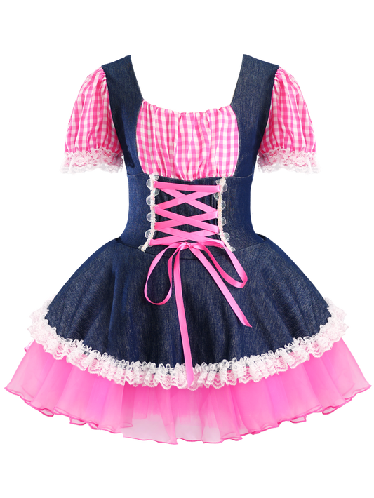Girls Denim Pink Gingham Puff Sleeve Lace Up Tutu Dress Costume