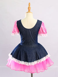 Girls Denim Pink Gingham Puff Sleeve Lace Up Tutu Dress Costume