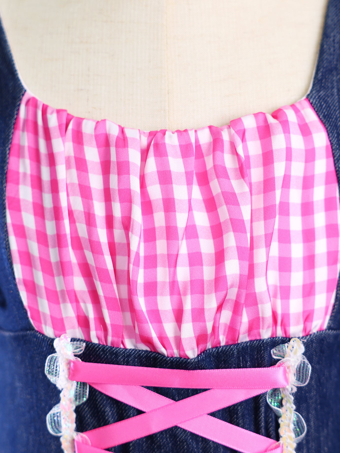 Girls Denim Pink Gingham Puff Sleeve Lace Up Tutu Dress Costume