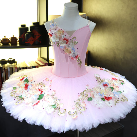 Handmade Custom Pink Floral Pancake Tutu - Professional Ballet Costume for Sleeping Beauty & Flower Fairy-MDT1888