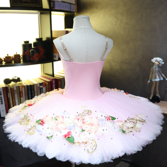 Handmade Custom Pink Floral Pancake Tutu - Professional Ballet Costume for Sleeping Beauty & Flower Fairy-MDT1888