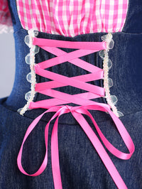Girls Denim Pink Gingham Puff Sleeve Lace Up Tutu Dress Costume