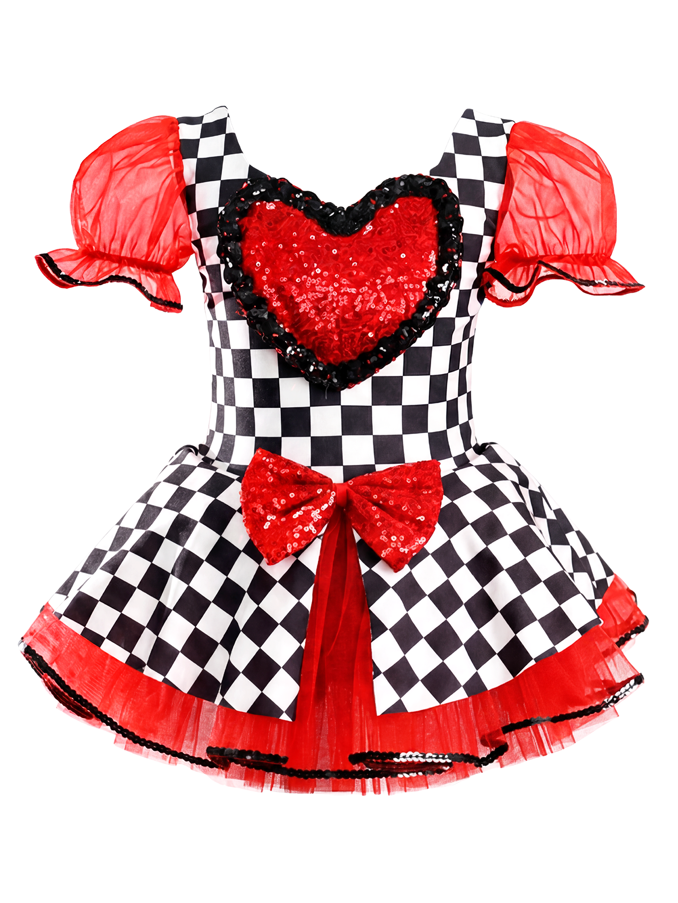 Girls Black White Checkered Tutu Dress Red Sequin Heart Bow Dance Costume