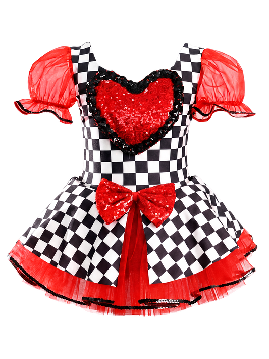 Girls Black White Checkered Tutu Dress Red Sequin Heart Bow Dance Costume