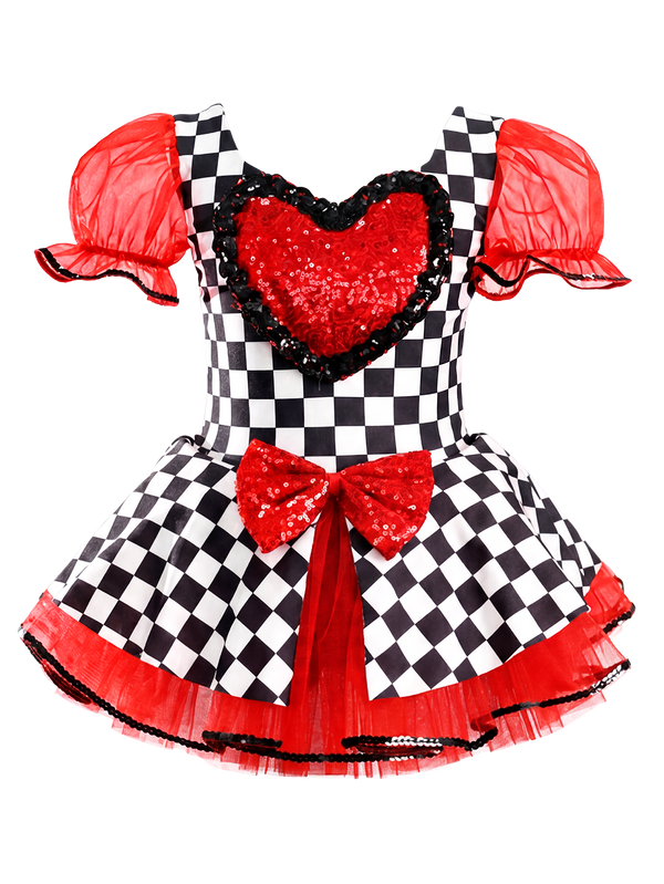 Girls Black White Checkered Tutu Dress Red Sequin Heart Bow Dance Costume