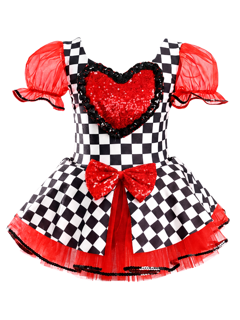 Girls Black White Checkered Tutu Dress Red Sequin Heart Bow Dance Costume