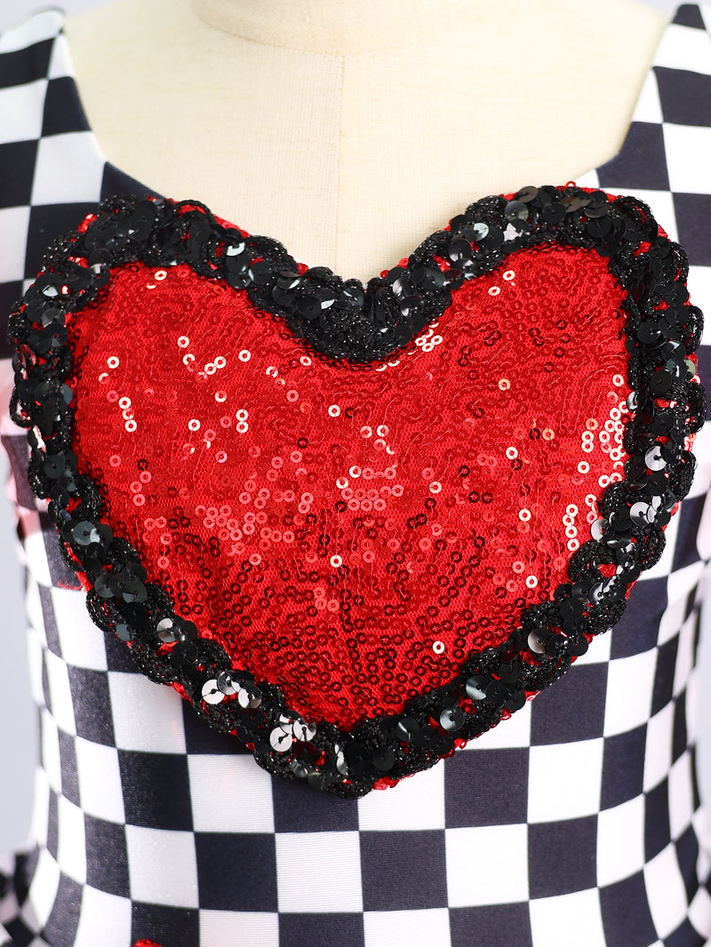 Girls Black White Checkered Tutu Dress Red Sequin Heart Bow Dance Costume