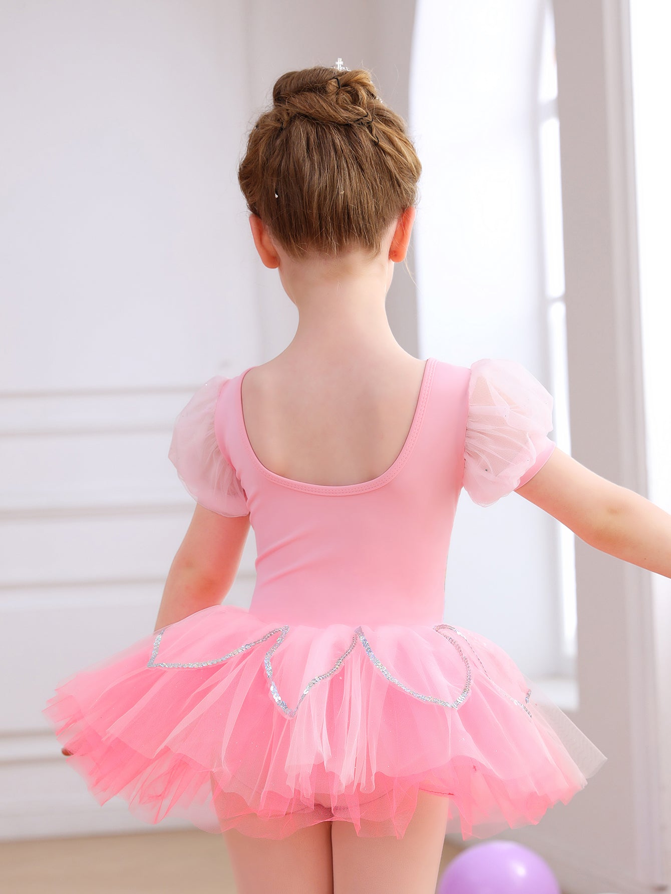Girls Floral Embroidery Ballet Tutu Dress, Puff Sleeve Dance Costume-ALP045