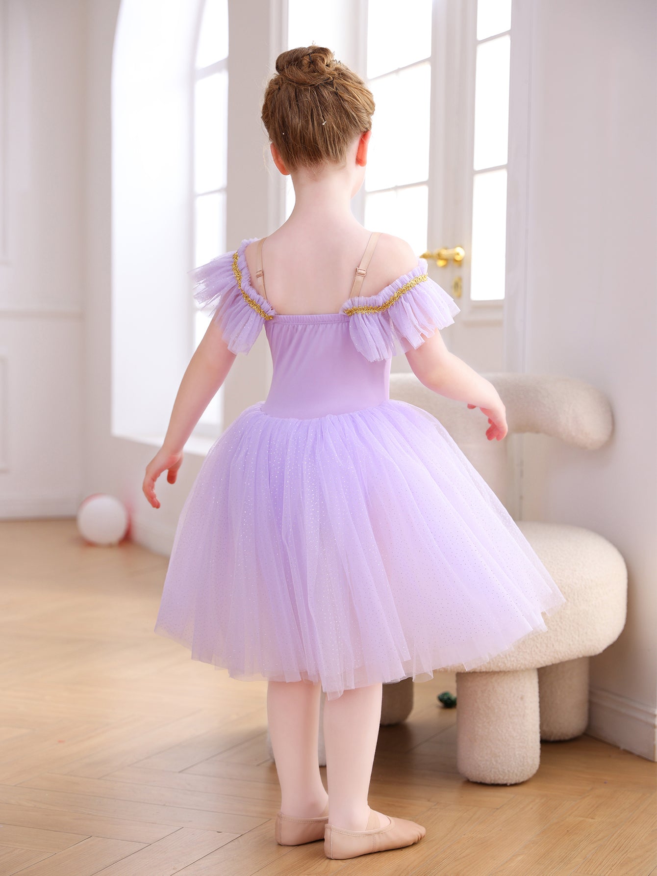 Girls Floral Embroidery Flutter Sleeve Ballet Leotard Princess Tutu Dress-ALP060