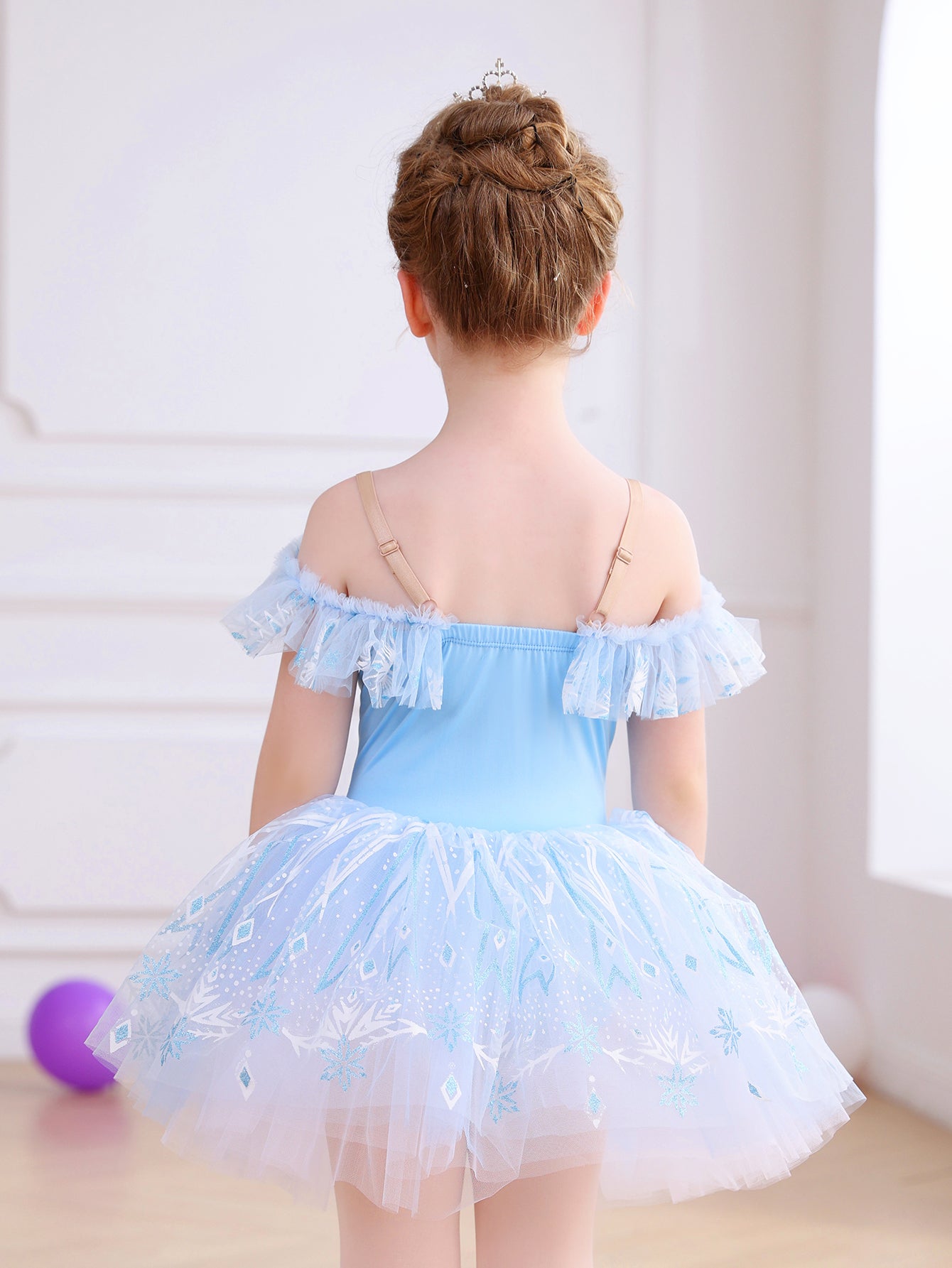 Girls Pink Snowflake Lace Ballet Tutu Dress, Ruffle Sleeve Dance Costume-ALP057