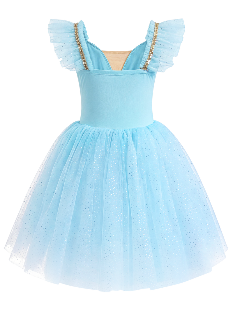 Girls Floral Embroidery Flutter Sleeve Ballet Leotard Princess Tutu Dress-ALP060